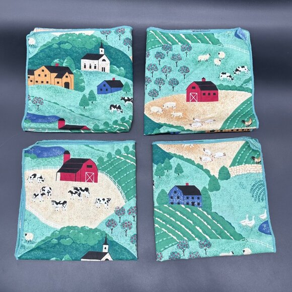 Vintage Napkins Farmhouse Country Cows Barn Church Set Of 4 Finished Edge Green - Picture 2 of 6